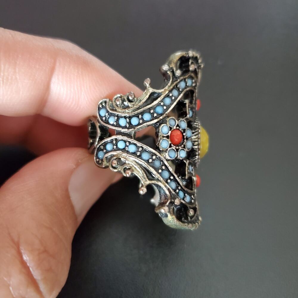 Vintage Women Ornate yellow orange blue round stones accent ring Size 8 - Picture 6 of 10